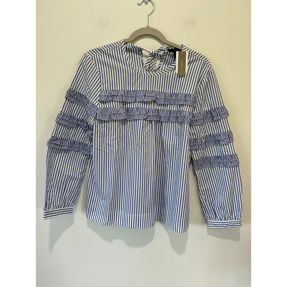 J, Crew NWT blouse size 6 blue white striped cotton ruffles tie - Picture 1 of 10